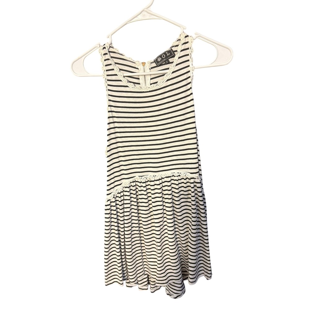 POL Black White Striped Lace Trim Sleeveless Babydoll Peplum Top Small Zip Back